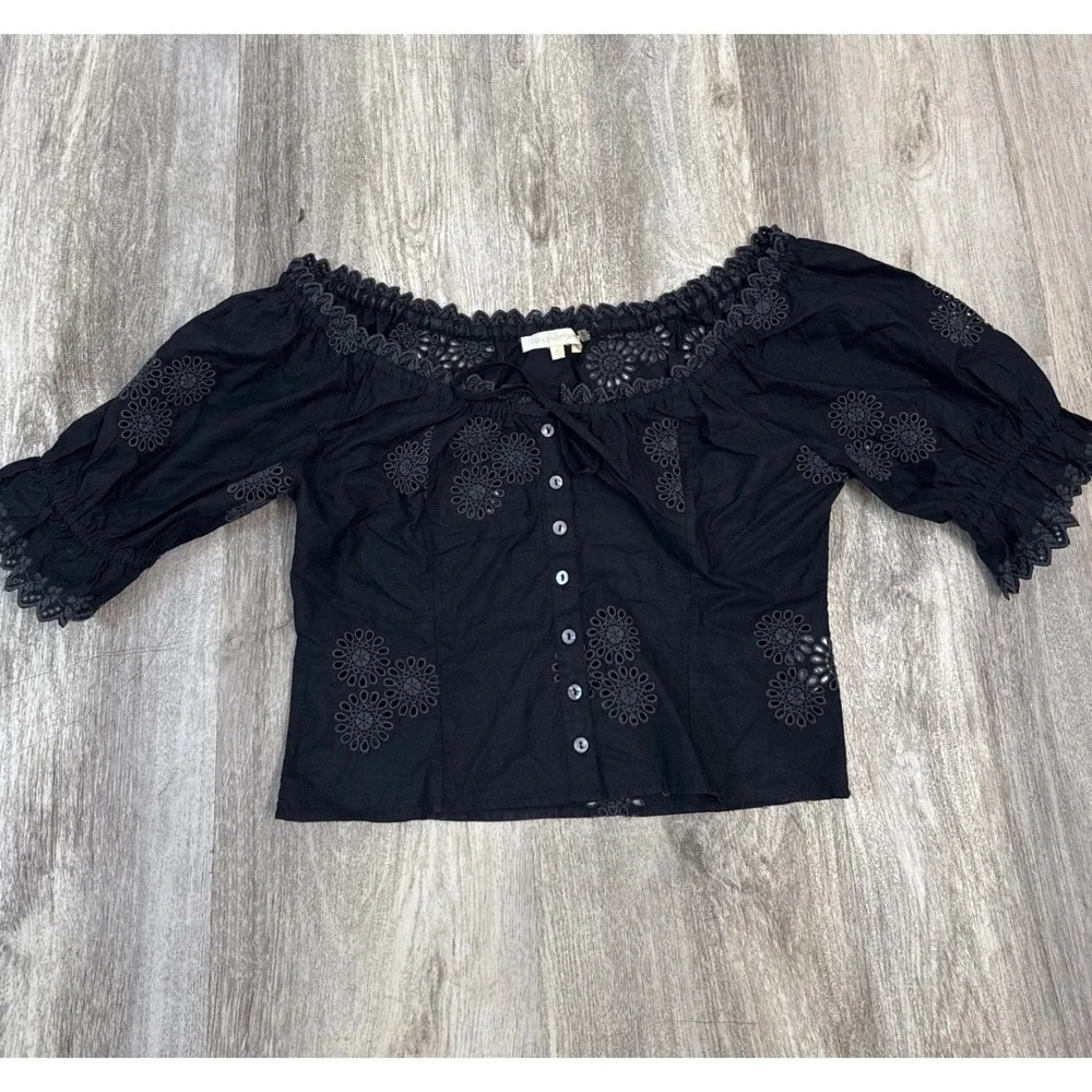 LoveShackFancy Anala Top Black Cotton Eyelet‎ Puff Sleeve Cropped Size 4 Womens
